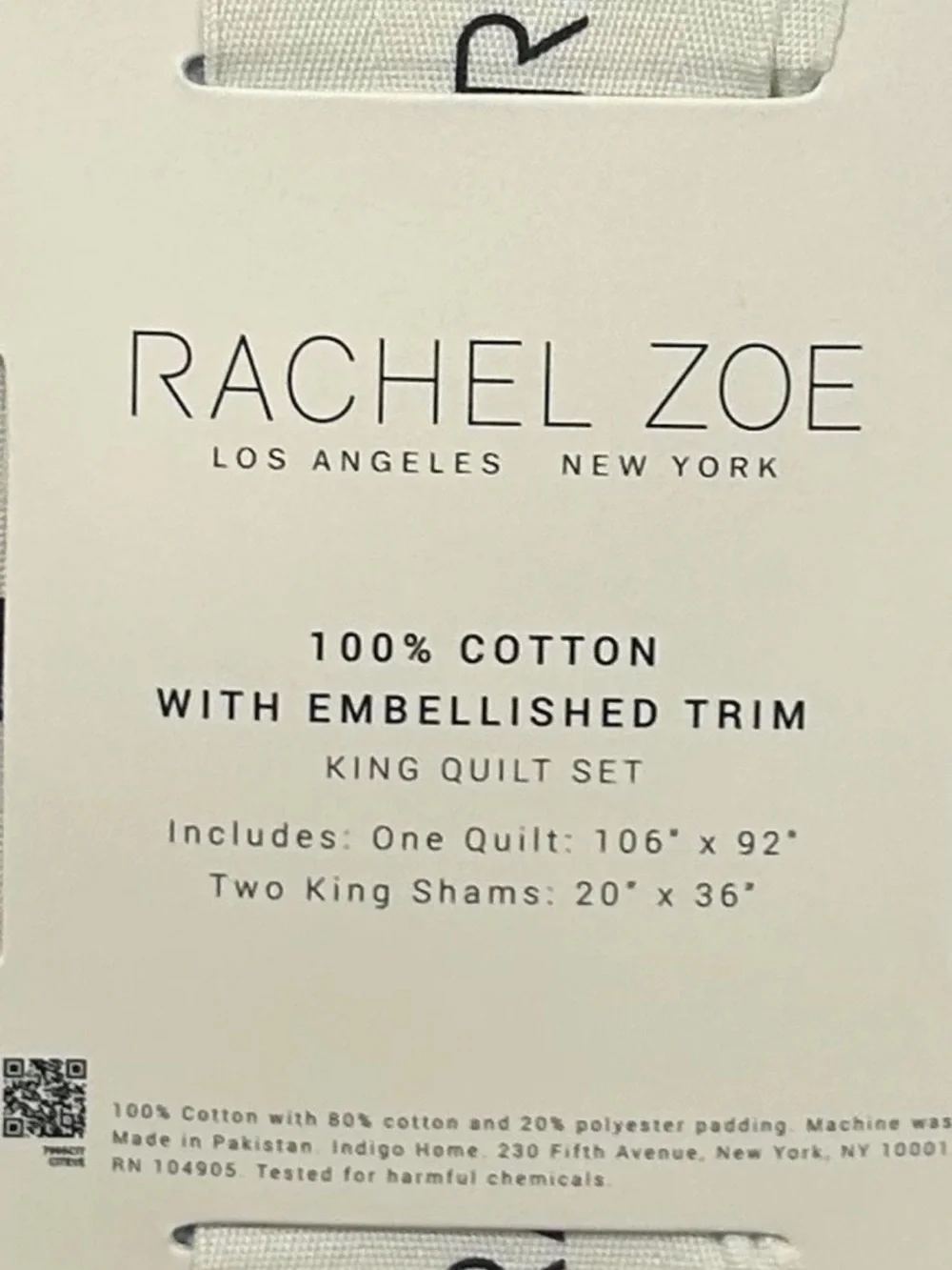 Rachel Zoe Blue and White Cotton with Embellished Trim King Quilt Set 106”x92”